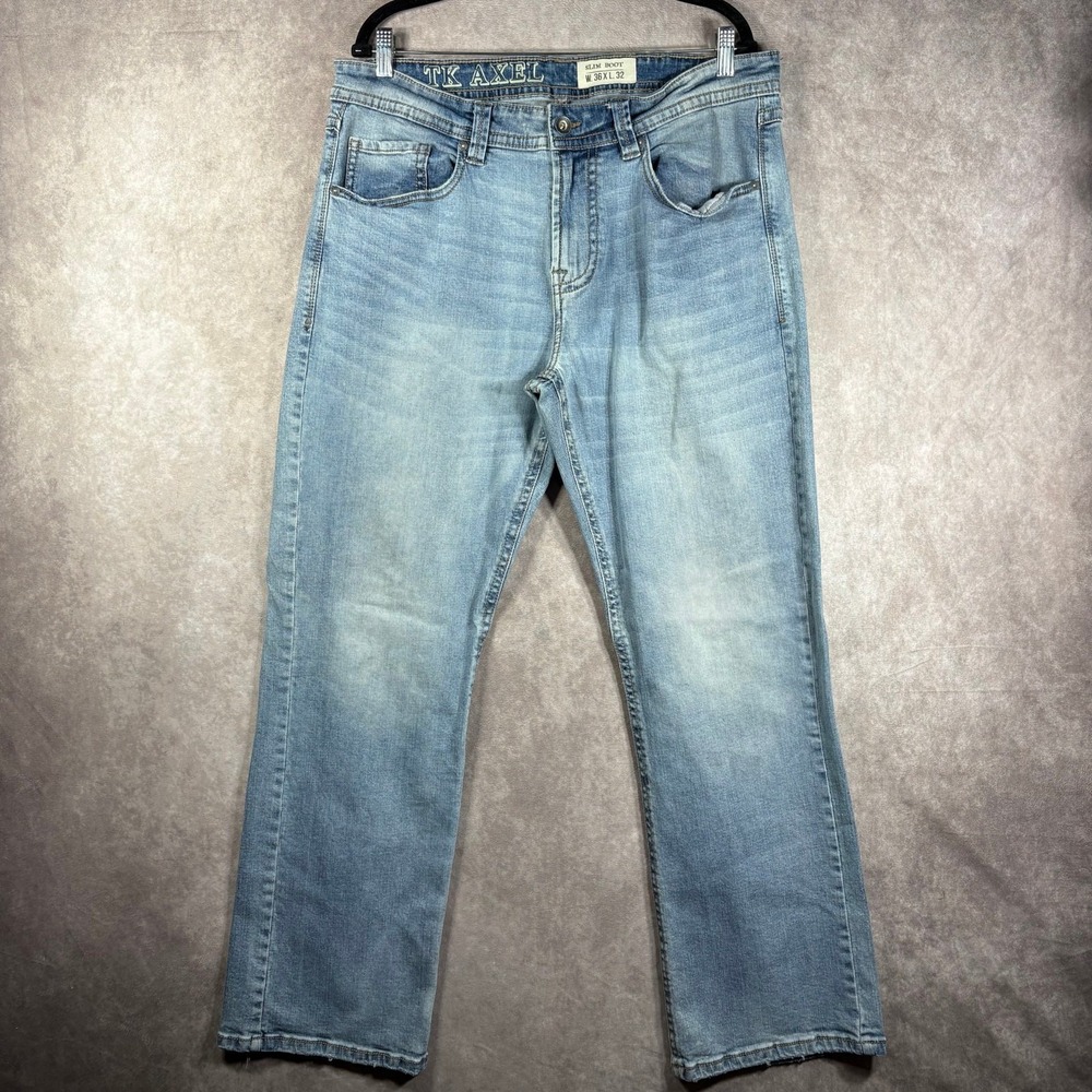 TK‎ Axel Slim Boot Jeans Mens Size 36X32 Blue Light Wash Denim Pockets Casual